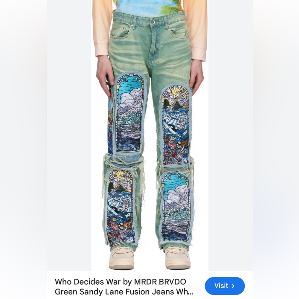 WHO DECIDES WAR PANTS GREEN SANDY WAR FUSION EMBROIDERED JEANS WAIST 28 MRDR BRA